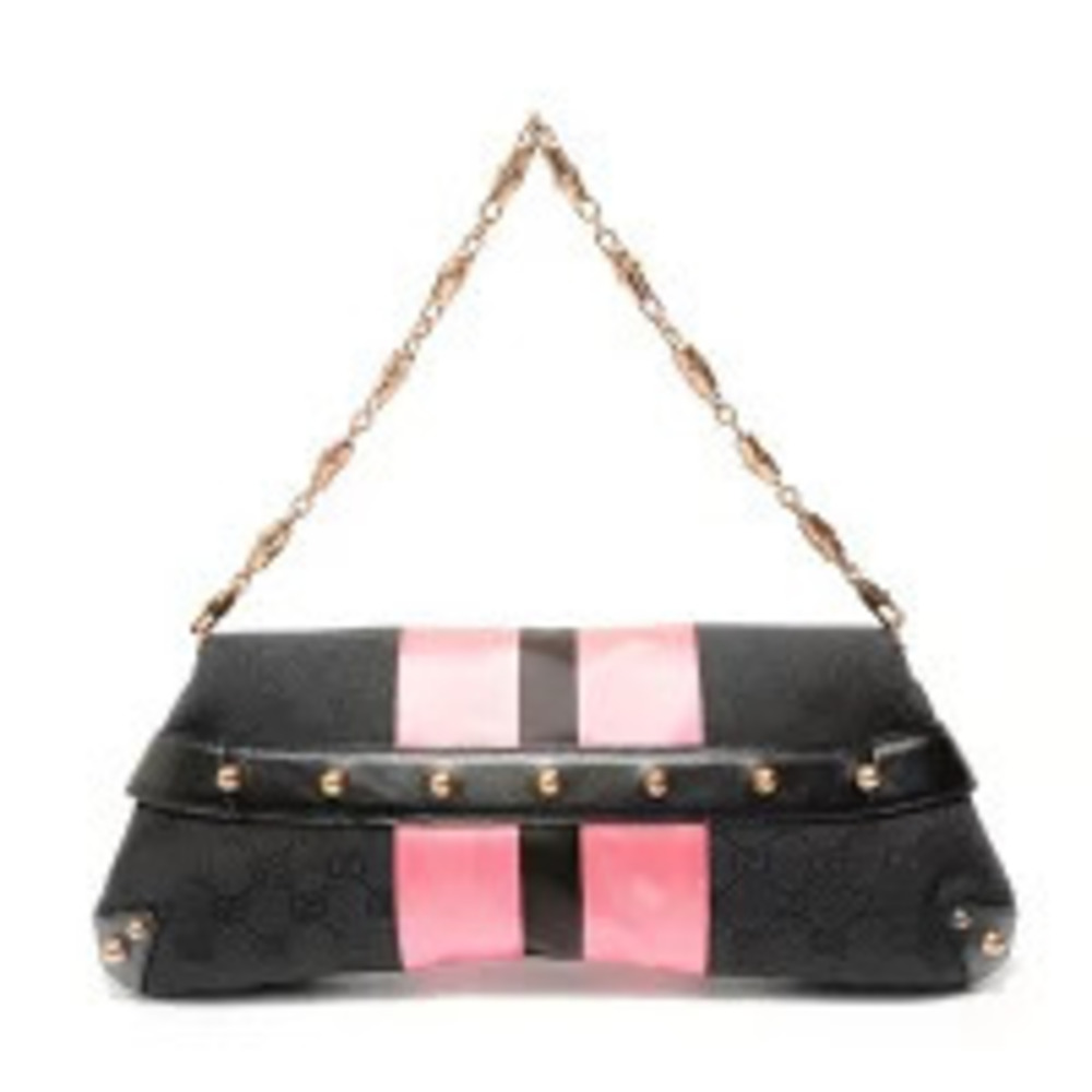 Gucci Horsebit Metal Bamboo GG Canvas Shoulder Bag Black